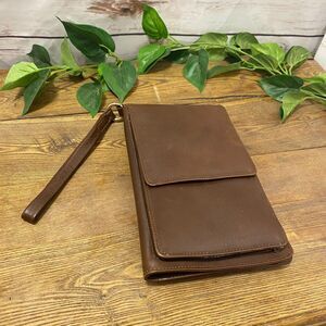 Charles Jourdan Brown Leather clutch purse wallet wristlet made in Paris France